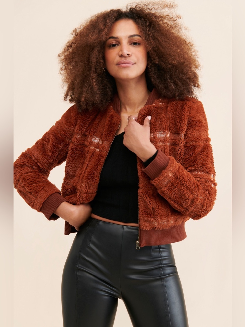 Anthropologie Faux Fur Plaid Bomber Jacket Brown Teddy Zip Coat Women’s M Boho